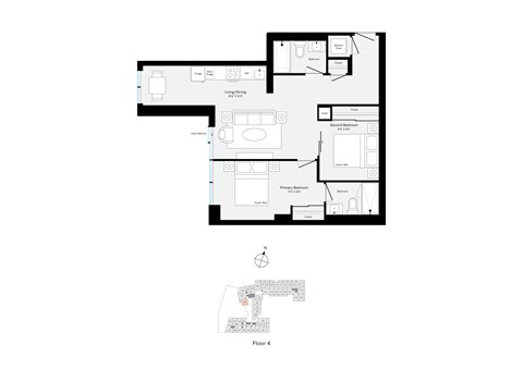 Floor plan for 2 beds, 2 baths, 835 sqft
